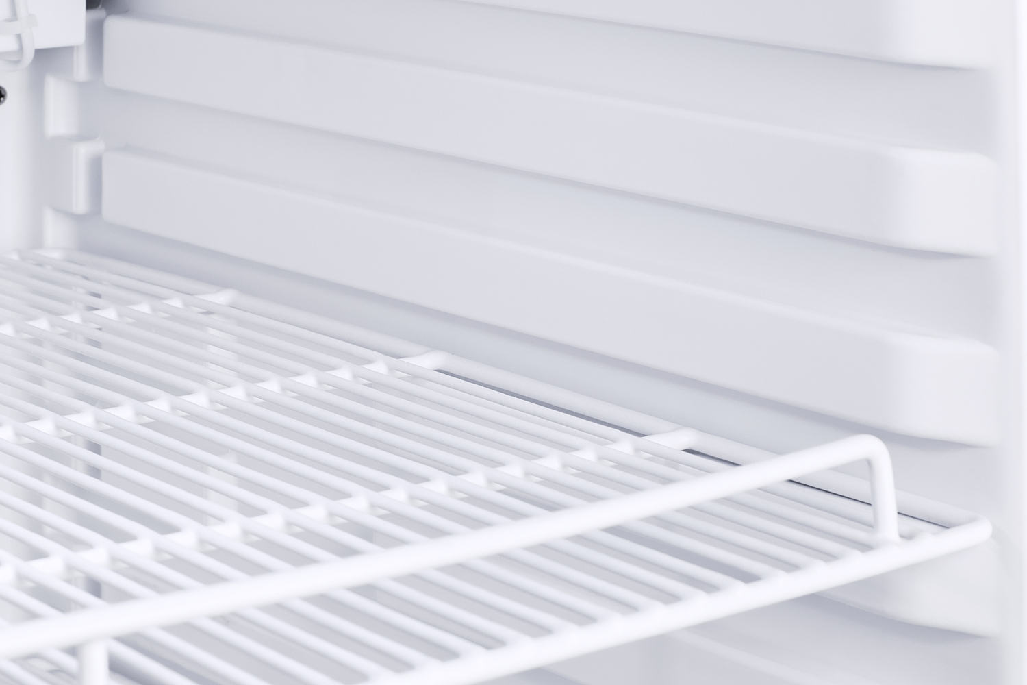 Healthcare all-refrigerator with self-closing door, front lock, digital controls, and external temperature readout